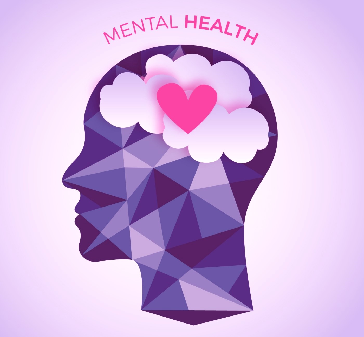 illustration of human head silhouette cutaway to show brain as happy white clouds and loving pink heart