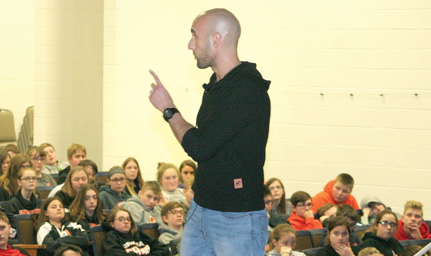 New Jersey native Sam Anthony Lucania shared his story of hope and recovery with Lincolnwood students in Raymond on Tuesday afternoon. He also visited schools in Hillsboro, Litchfield, and Nokomis and spoke at a public event Wednesday night at The Event Center in Taylor Springs.